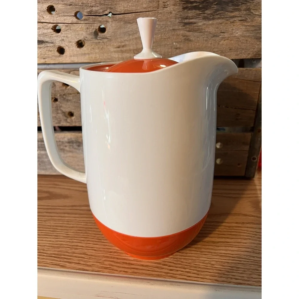 THERMOS VTG Mid Century INSULATED WARE White Orange Hot/Cold Pitcher Carafe Lid‎
